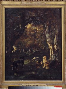 Dogs in the forest, Painting by Narcissus Diaz de la Pena by Narcisse Virgile Diaz de la Peña