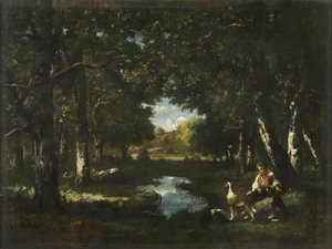 Man and Dog Resting in Forest Glade by Narcisse Virgile Diaz de la Peña