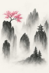 Japanese Mountain Landscape with Sakura Tree and Temple