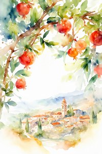 Pomegranates Over Tuscan Village by Natalie Bruns