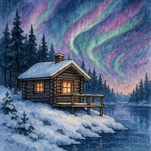 Snowy Cabin Northern Lights by Natalie Bruns