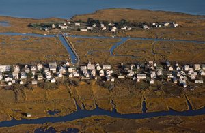 Aerial photograph of houses along King Street, the settlement spine of Tangier Island