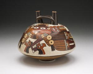 Vessel Depicting a Masked Warrior Holding Trophy Heads, 180 B.C.-A.D. 500 by Nazca Culture
