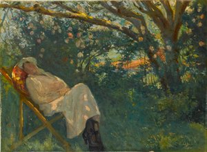 Lady in Pink on a Chaise Longue by Nazmi Ziya Gueran