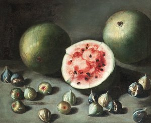 Watermelons and Figs on a Stone Ledge