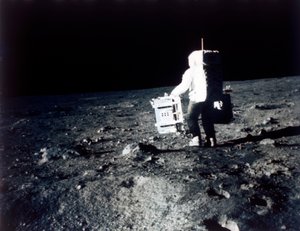 Buzz Aldrin Carries Out an Experiment on the Lunar Surface, Apollo II Mission, July 1969