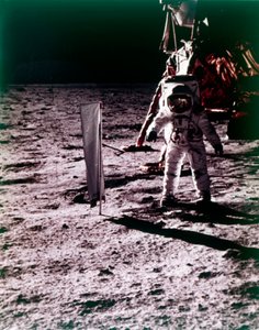 Buzz Aldrin Deploys Solar Wind Collector on the Surface of the Moon, Apollo 11 Mission, July 1969