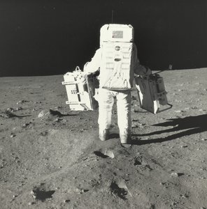 Buzz Aldrin on the Moon with Components of the Early Apollo Scientific Experiments Package, 1969