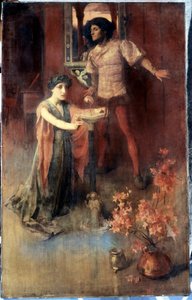 The Crystal Ball. A Woman Kneels Before a Crystal Ball, a Man Waits Behind Her with a Mix of Fear and Curiosity. Painting by Nelly Erichsen. Private Collection by Nelly Erichsen