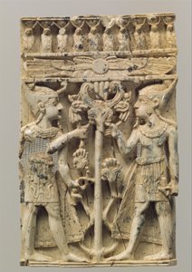 Furniture Plaque Carved in High Relief with Two Egyptianizing Figures Flanking a Volute Tree, c.9th-8th Century BC by Neo Assyrian