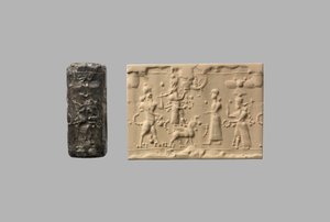 Cylinder seal with scorpion-man and modern impression by Neo Assyrian