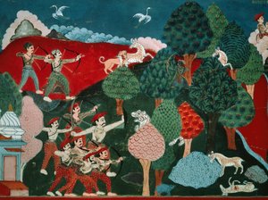 A King Spending His Days Killing Poor Gazelles for No Reason, Later, in Another Life, He is Gazelle and is Killed by Hunter (detail) by Nepalese School