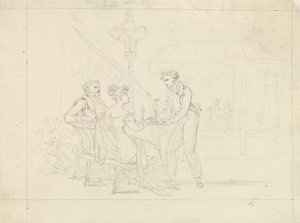 Biedermeier Couple in Café, Waiter Serving Ice Cream