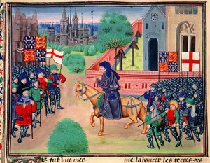 Peasants revolt showing the banners of England and St. George, John Ball shown leading the rebels (illustration from 