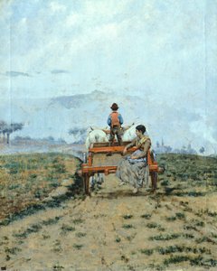 On a wagon in the fields
