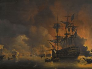 The Fire on the Wharves of Algiers, Shortly After the Commencement of the Bombardment by the Anglo-Dutch Fleet, 27 August 1816 (series title) by Nicolaas Baur
