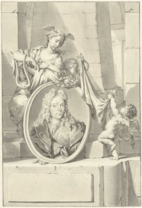 Putti and a Woman by a Medallion with the Portrait of Arnold Houbraken by Nicolaas Verkolje