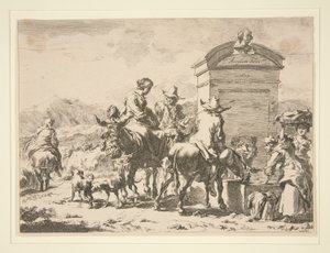 Untitled - Genre Scene with People on Donkeys and a Tombstone