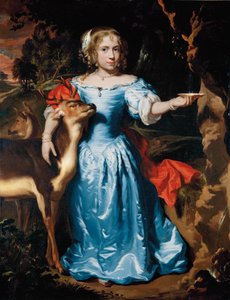 Portrait of a girl, full-length, as Granida, in a blue silk dress and red mantle, her left hand catching water in a shell from a spring, her right hand around a stag by Nicolaes Maes