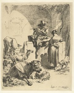 Shepherd Playing Flute and Spinner by Nicolaes Pietersz Berchem