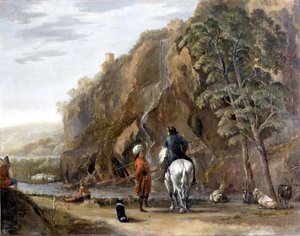 Italianate landscape with figures and a horse on a road by Nicolaes Pietersz. Berchem