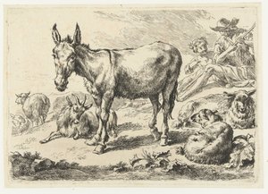 Landscape with Donkey, Sheep, Goat, and Shepherds (Animals) by Nicolaes Pietersz Berchem