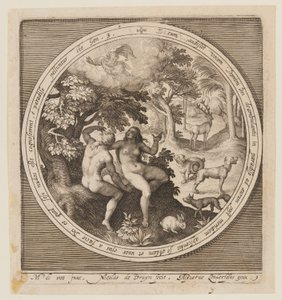 Adam and Eve hiding from the Lord, from The Creation to the Expulsion from Paradise by Nicolaes de Bruyn