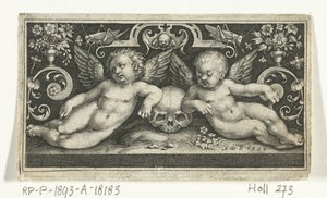 Two Fighting Children Riding Goats, Flanked by Children Blowing Trumpets