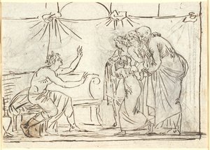 Antique Scene. A Seated Crowned Hero Speaks to a Group of Four Figures, Including a Little Girl and an Old Man