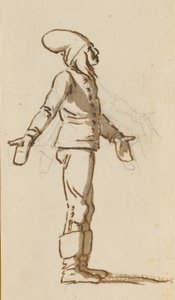 A Standing Boy with a Large Hat and Mittens on Outstretched Hands