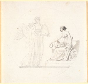 A young woman with a beehive leads a winged young man towards a seated female figure