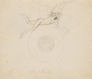 A Winged Genius, Floating Over a Globe, Indicated with a Pair of Circular Arcs