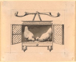 A Pair of Chickens in a Cage Pecking Grain by Nicolai Abildgaard