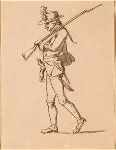 Caricature of a Soldier in Profile to the Left. His Left Arm is in a Sling but Still Carries a Rifle. by Nicolai Abildgaard
