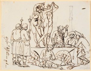Satire of the police and the lottery being housed at Charlottenborg together with the Art Academy. People from the lottery and watchmen are seen together with the three graces