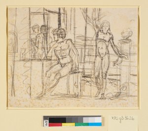 Scene with Naked Figures, in the Center a Seated Man, to the Right a Standing Man with Raised Arm