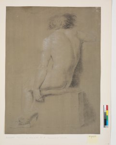 Seated Model on High Plinth with Cushion. Seen from Behind. Right Arm Cut Off. Left Arm Hanging Down. Legs Crossed
