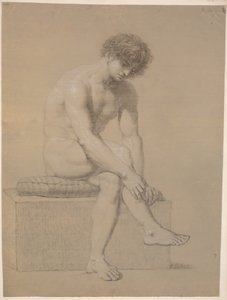 Seated Model on Low Plinth with Cushion. Turned to the Right. Hanging Arms. Crossed Legs