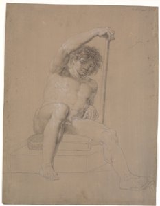 Seated Model on Low Plinth with Cushion. Seen from the Front. Holding a Staff in the Left Hand. Right Leg Extended by Nicolai Abildgaard
