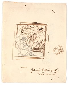Seated Winged Genius, Trees in the Background; a Caricatured Head on the Right Side