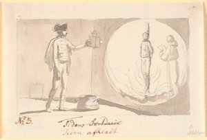Time Unclothed. A Hussar Officer with a Magic Lantern Shows a Picture of a Sinner at the Stake and Next to Him a Monk Reading Prayers