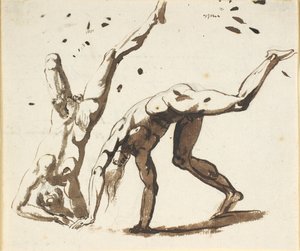 Two naked men doing cartwheels, standing on their heads or similar