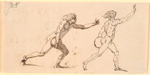 Two Naked Men Running to the Right, Each with a Large Stone in One Hand, and a Sketch of a Face in Profile