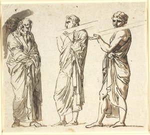 Three Standing Men, Two Younger Carrying a Plank on Their Shoulders, the Third Older in a Thoughtful Position by Nicolai Abildgaard