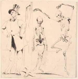 Sample Sheet. Gentleman Trying on Clothes in Front of a Mirror. Two Skeletons by Nicolai Habbe