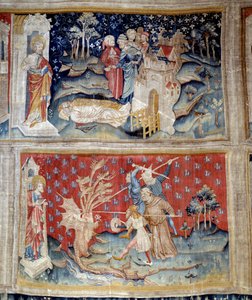 The curtain of the Apocalypse: the corpses lie on the ground, the dragon fights the servants of God incarnated by a monk and laics. Made by Nicolas Bataille by Nicolas Bataille