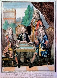 The grandchildren of Louis XIV, Louis Duke of Burgundy, Philippe, Duke of Anjou, and Charles, Duke of Berry with their father, Louis, dolphin of France, playing tric trac by Nicolas Bonnart