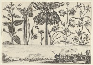 Horizontal Panel with a Row of Flowers Above a Frieze with a Battle Scene in a Landscape