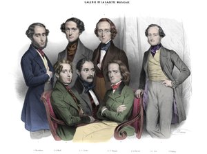 Galerie de la Gazette Musicale N. 2. Celebrities of 1842: Frederic Chopin, Franz Liszt, Jacob Rosenhain, Edouard Wolff, Sigismund Thalberg, Adolf von Henselt, Theodor Dohler. Engraving by Nicolas