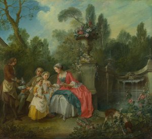 A Lady in a Garden Taking Coffee with Some Children
